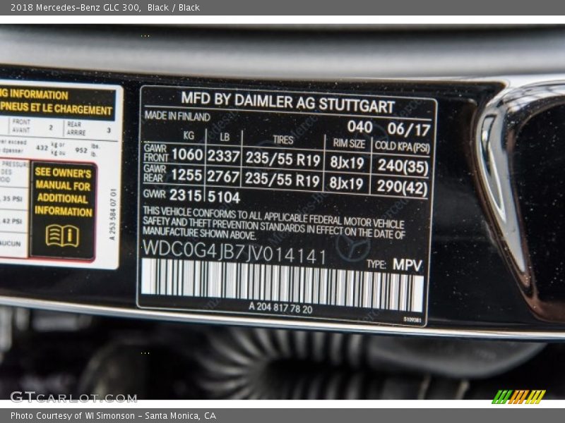 2018 GLC 300 Black Color Code 040