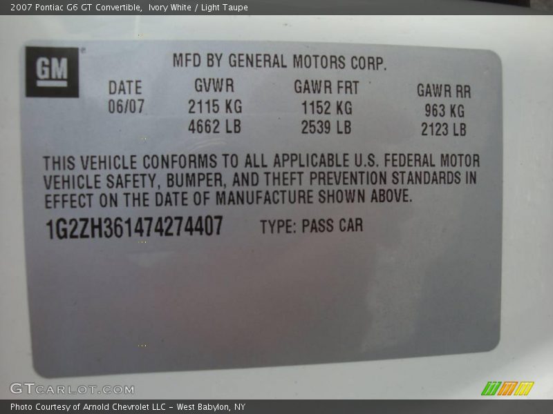 Ivory White / Light Taupe 2007 Pontiac G6 GT Convertible