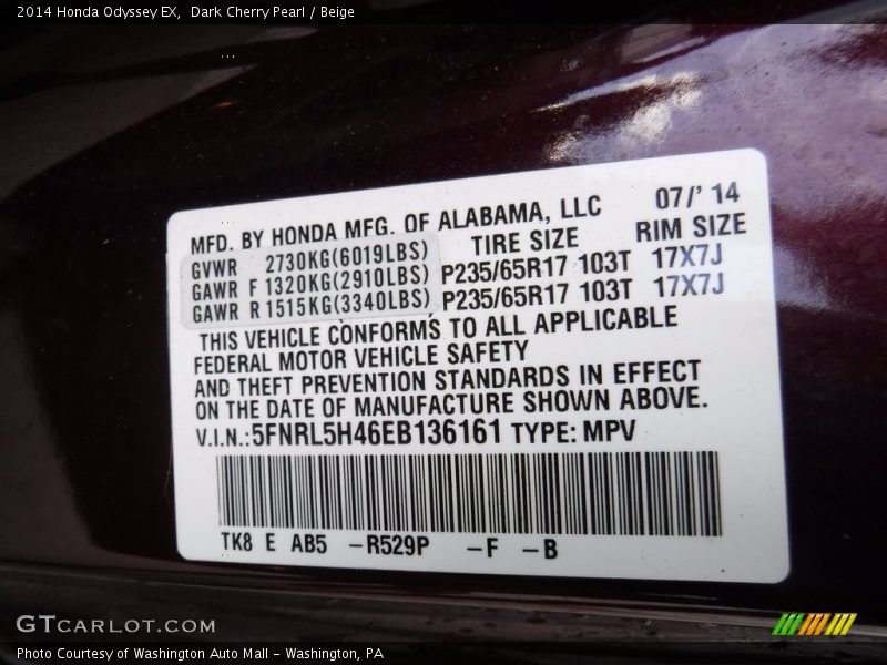 Dark Cherry Pearl / Beige 2014 Honda Odyssey EX