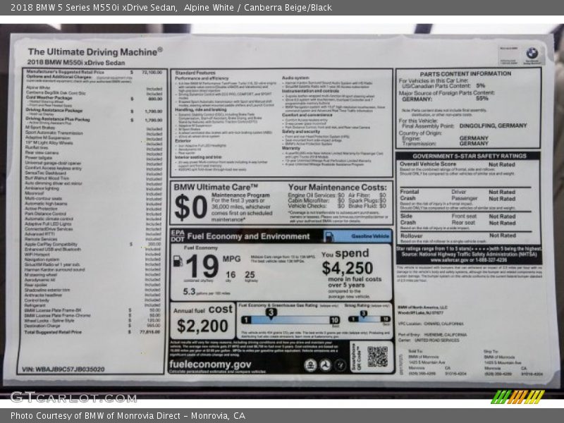  2018 5 Series M550i xDrive Sedan Window Sticker