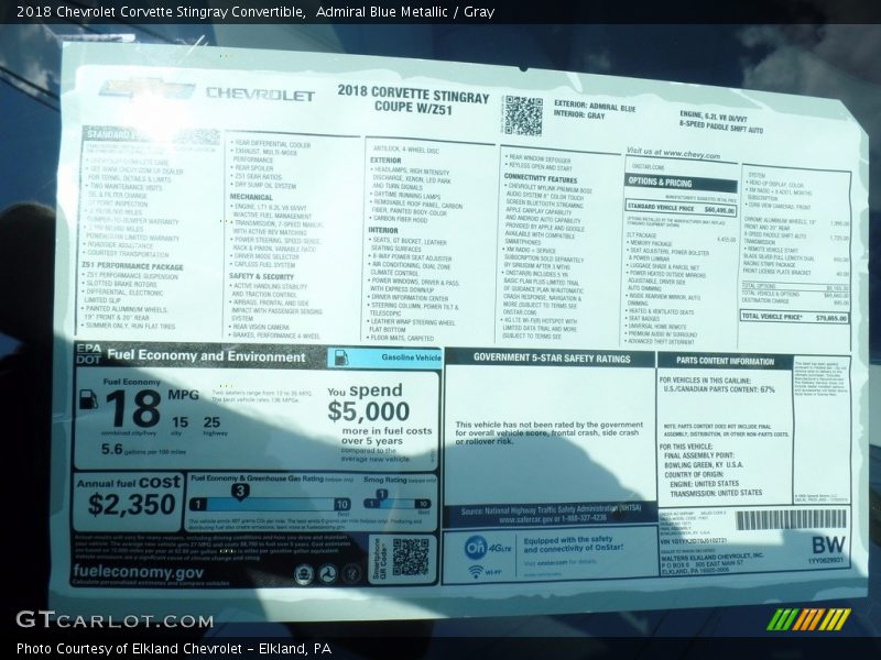 Admiral Blue Metallic / Gray 2018 Chevrolet Corvette Stingray Convertible