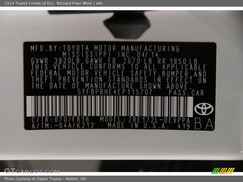 Blizzard Pearl White / Ash 2014 Toyota Corolla LE Eco