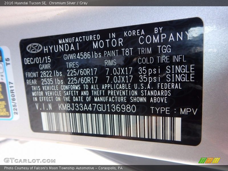 Chromium Silver / Gray 2016 Hyundai Tucson SE