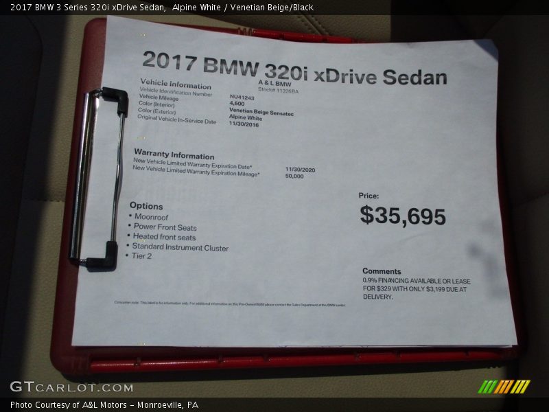 Alpine White / Venetian Beige/Black 2017 BMW 3 Series 320i xDrive Sedan