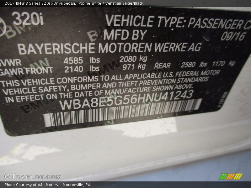Alpine White / Venetian Beige/Black 2017 BMW 3 Series 320i xDrive Sedan