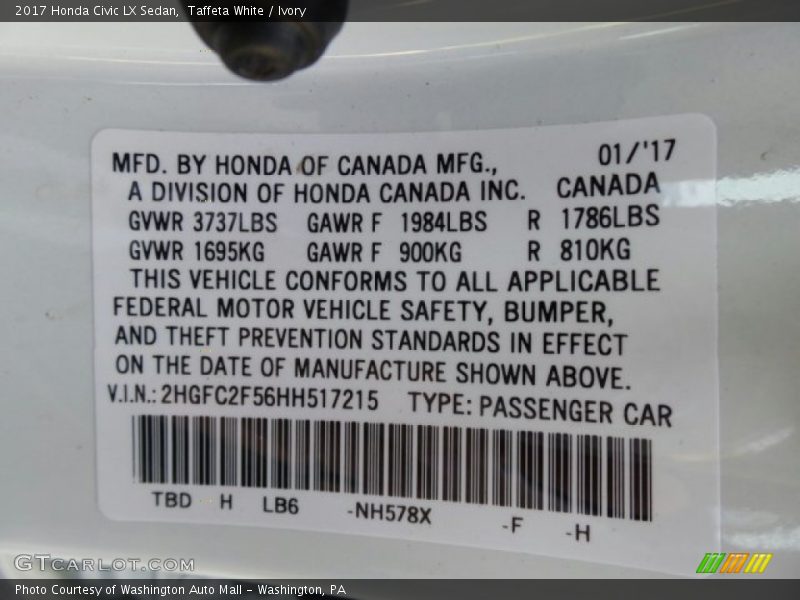 Taffeta White / Ivory 2017 Honda Civic LX Sedan