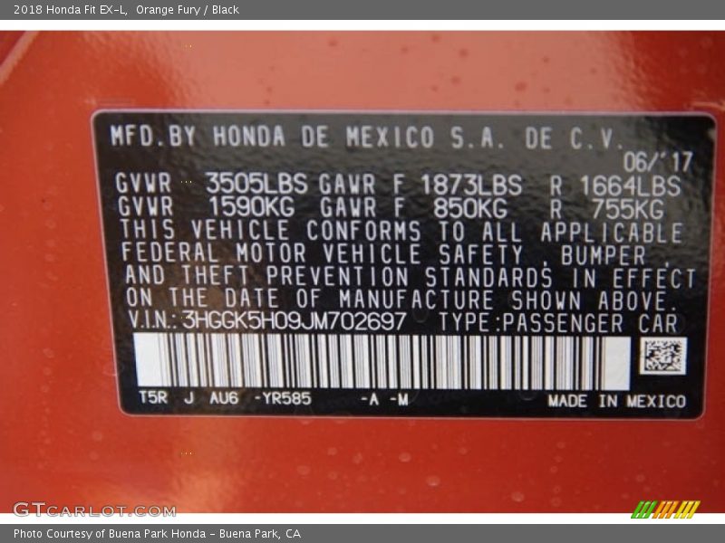 2018 Fit EX-L Orange Fury Color Code YR585