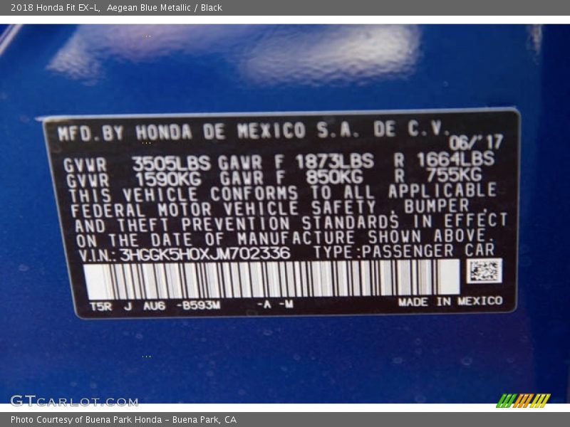 Aegean Blue Metallic / Black 2018 Honda Fit EX-L