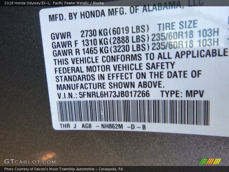 Pacific Pewter Metallic / Mocha 2018 Honda Odyssey EX-L