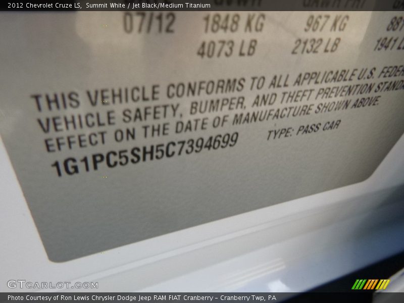 Summit White / Jet Black/Medium Titanium 2012 Chevrolet Cruze LS