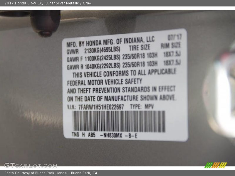 Lunar Silver Metallic / Gray 2017 Honda CR-V EX
