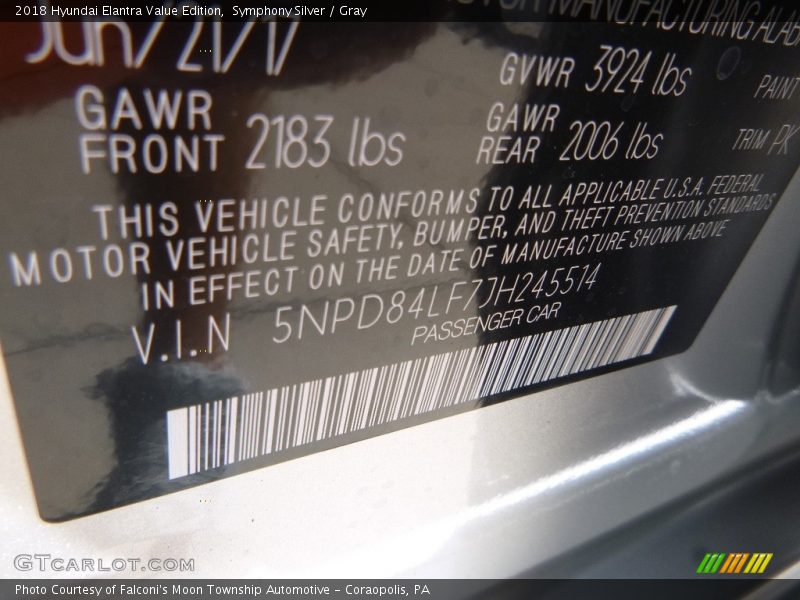 Symphony Silver / Gray 2018 Hyundai Elantra Value Edition