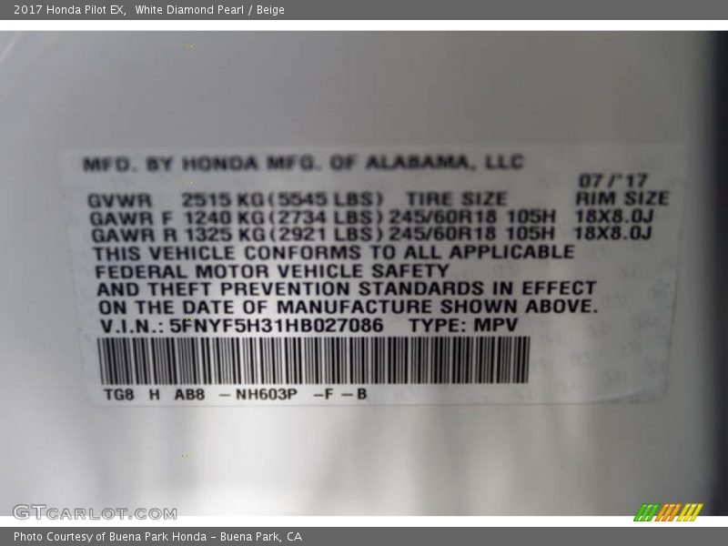 White Diamond Pearl / Beige 2017 Honda Pilot EX