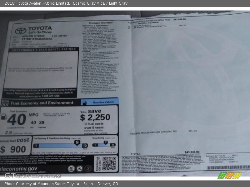 Cosmic Gray Mica / Light Gray 2018 Toyota Avalon Hybrid Limited