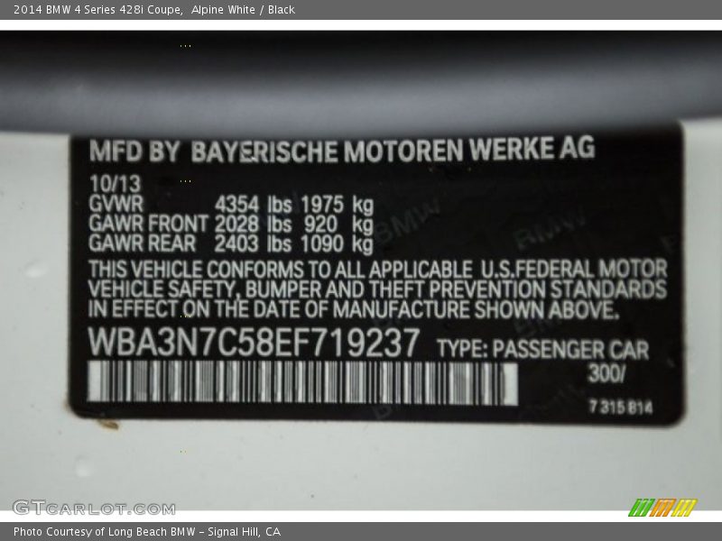 Alpine White / Black 2014 BMW 4 Series 428i Coupe