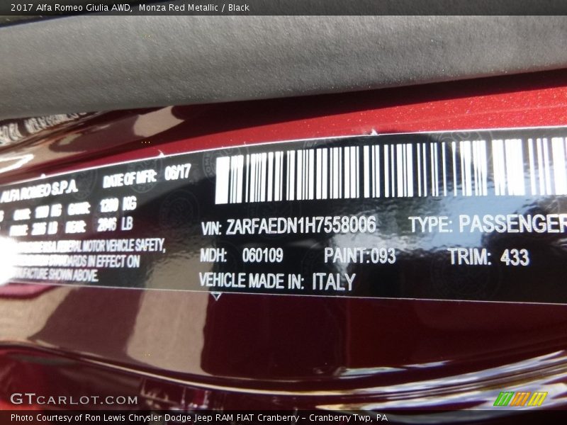 2017 Giulia AWD Monza Red Metallic Color Code 433