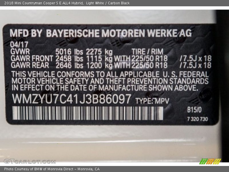 2018 Countryman Cooper S E ALL4 Hybrid Light White Color Code B15