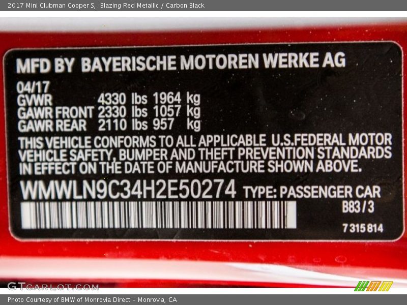 Blazing Red Metallic / Carbon Black 2017 Mini Clubman Cooper S