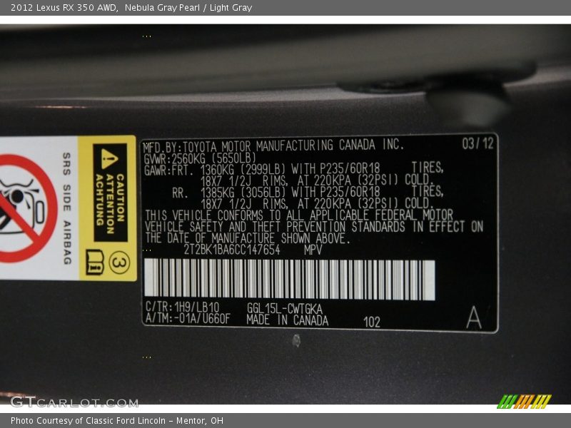 Nebula Gray Pearl / Light Gray 2012 Lexus RX 350 AWD