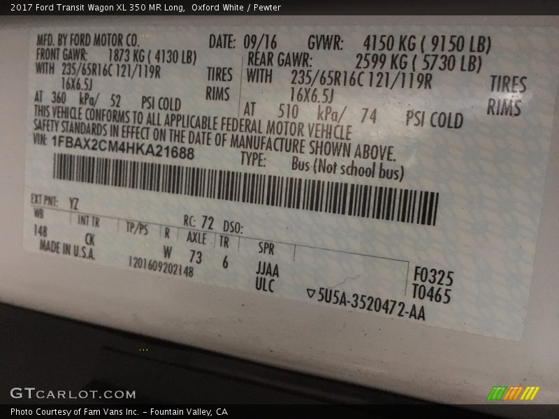 Oxford White / Pewter 2017 Ford Transit Wagon XL 350 MR Long