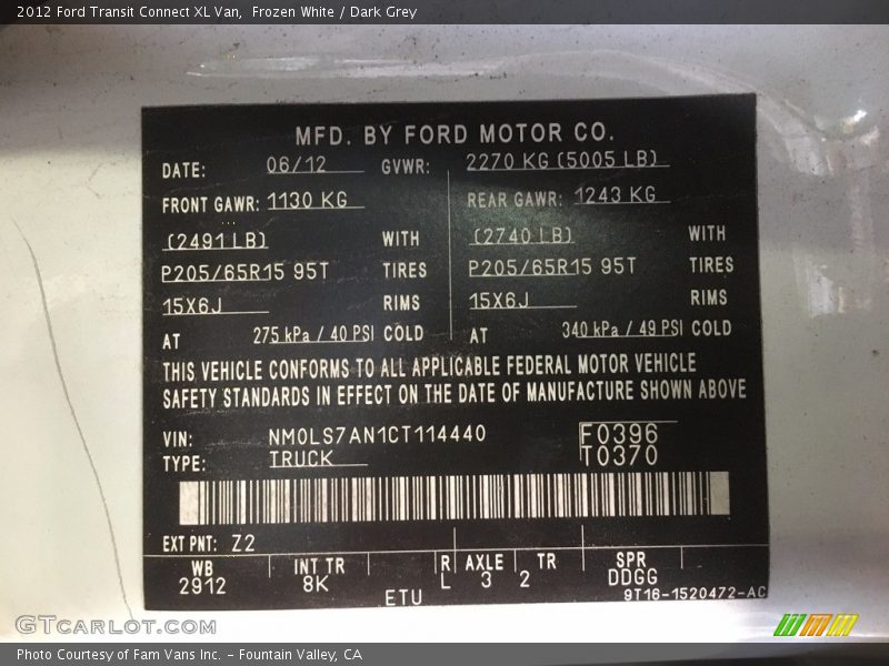 Frozen White / Dark Grey 2012 Ford Transit Connect XL Van