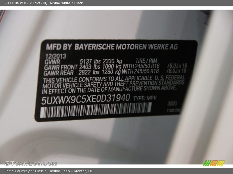 Alpine White / Black 2014 BMW X3 xDrive28i