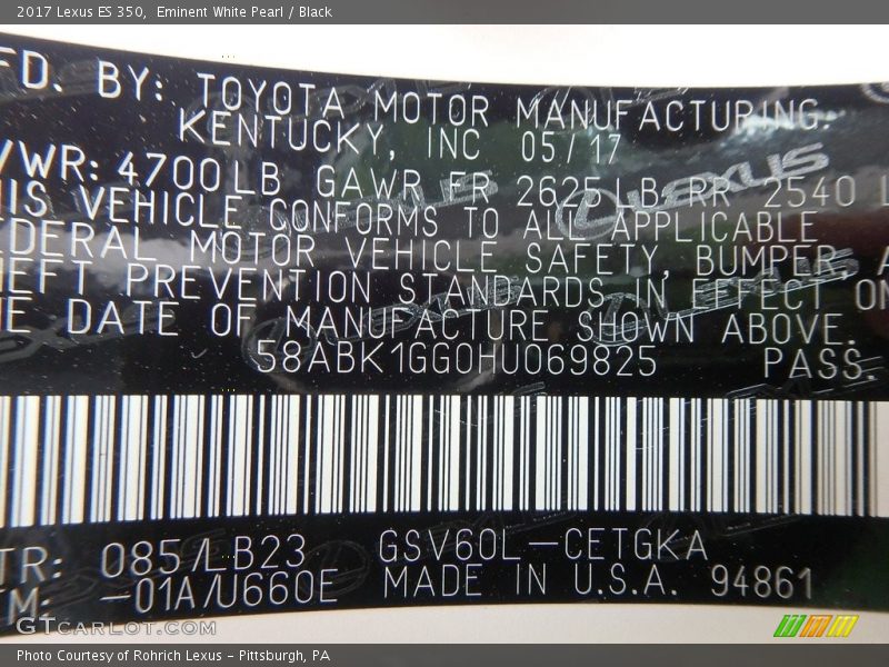 Eminent White Pearl / Black 2017 Lexus ES 350