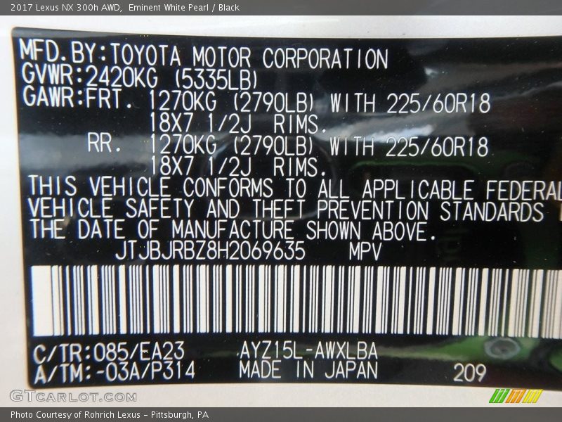 Eminent White Pearl / Black 2017 Lexus NX 300h AWD