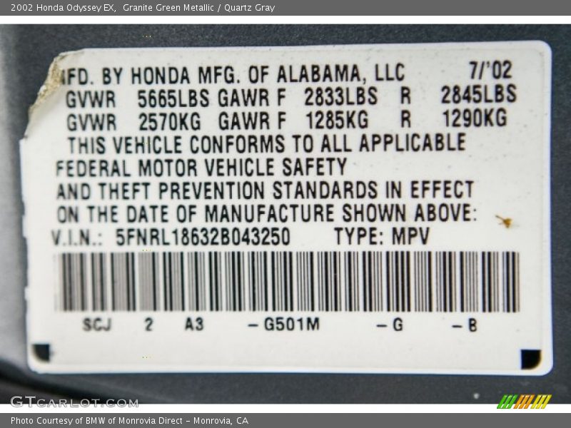 Granite Green Metallic / Quartz Gray 2002 Honda Odyssey EX