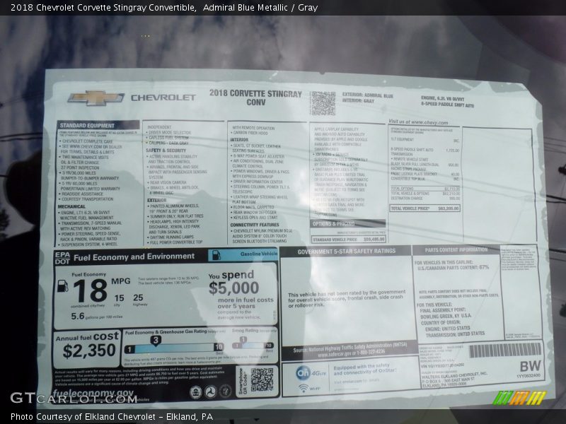 Admiral Blue Metallic / Gray 2018 Chevrolet Corvette Stingray Convertible