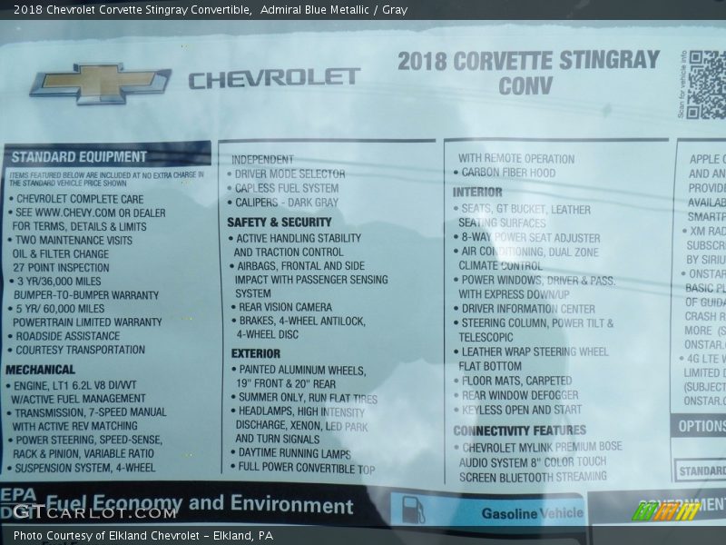 Admiral Blue Metallic / Gray 2018 Chevrolet Corvette Stingray Convertible