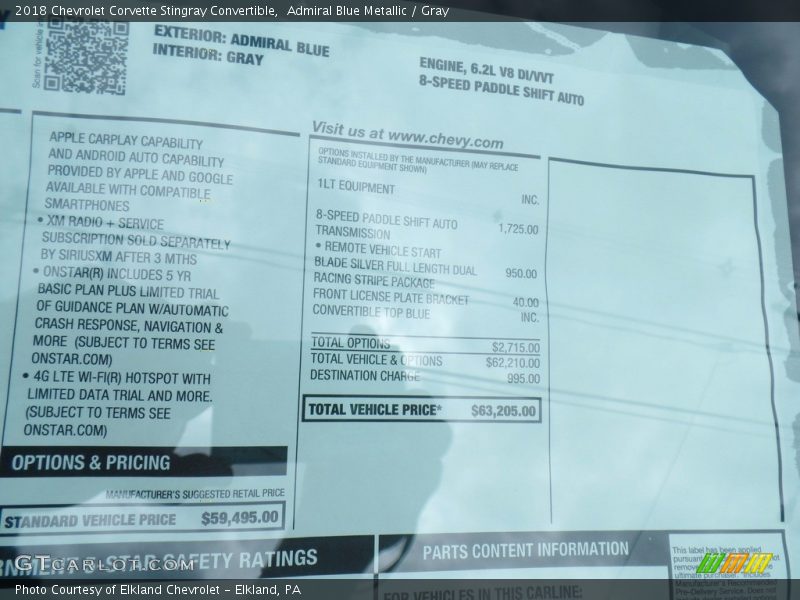 Admiral Blue Metallic / Gray 2018 Chevrolet Corvette Stingray Convertible