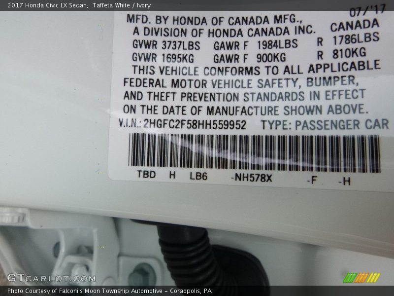 Taffeta White / Ivory 2017 Honda Civic LX Sedan