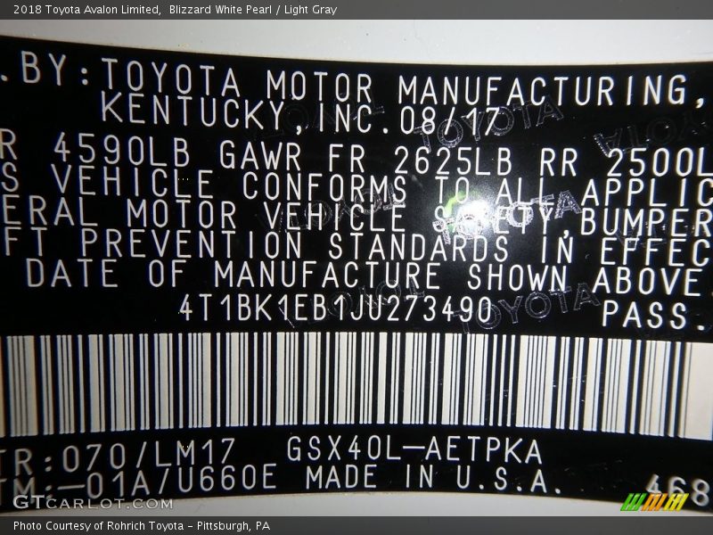 Blizzard White Pearl / Light Gray 2018 Toyota Avalon Limited