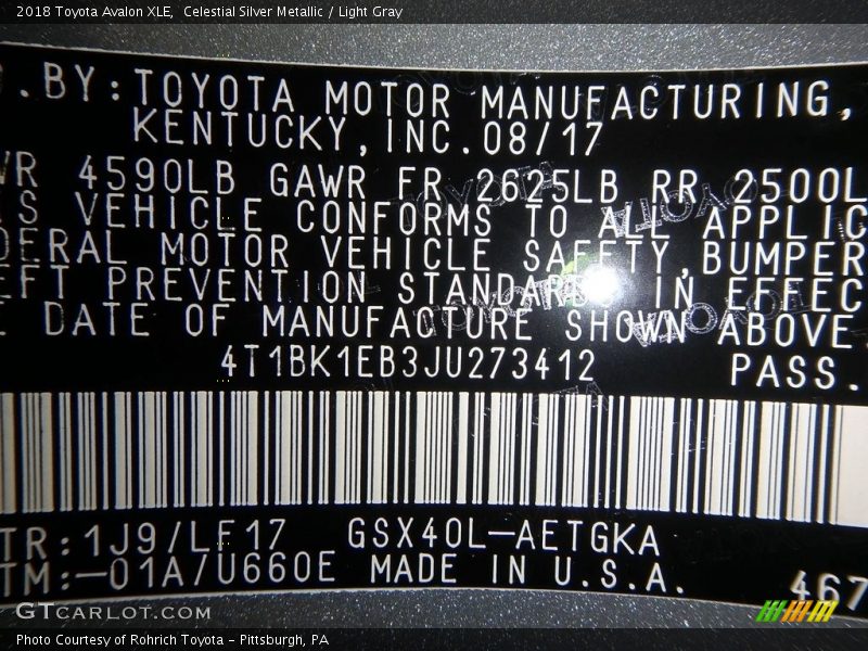 Celestial Silver Metallic / Light Gray 2018 Toyota Avalon XLE