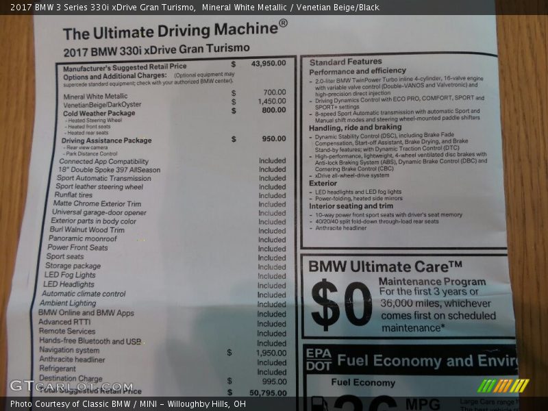 Mineral White Metallic / Venetian Beige/Black 2017 BMW 3 Series 330i xDrive Gran Turismo