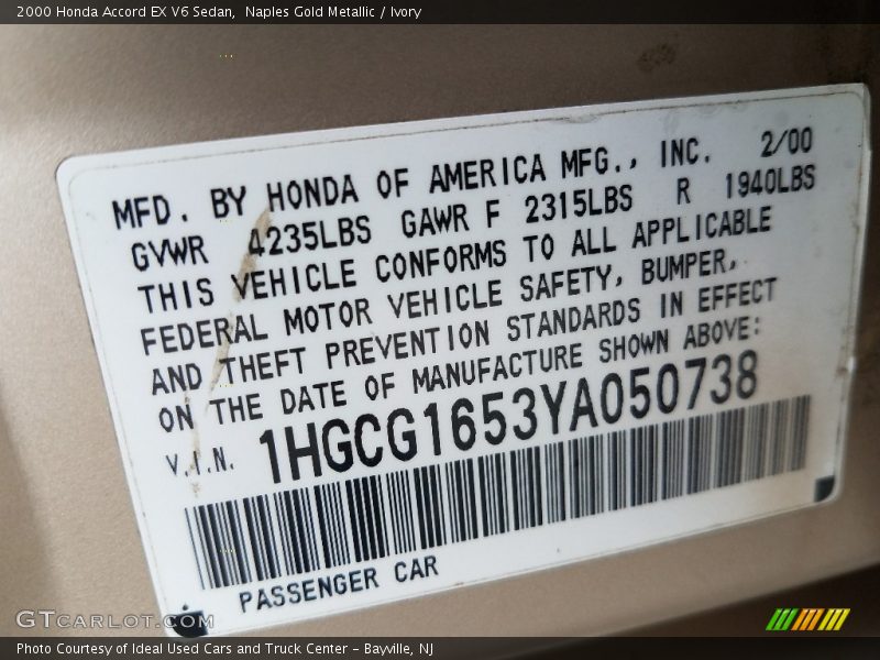 Naples Gold Metallic / Ivory 2000 Honda Accord EX V6 Sedan