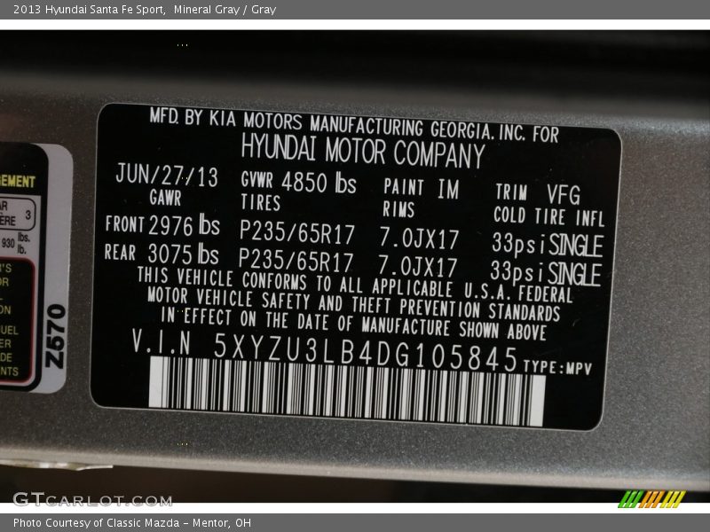 Mineral Gray / Gray 2013 Hyundai Santa Fe Sport