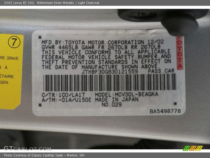 Millennium Silver Metallic / Light Charcoal 2003 Lexus ES 300