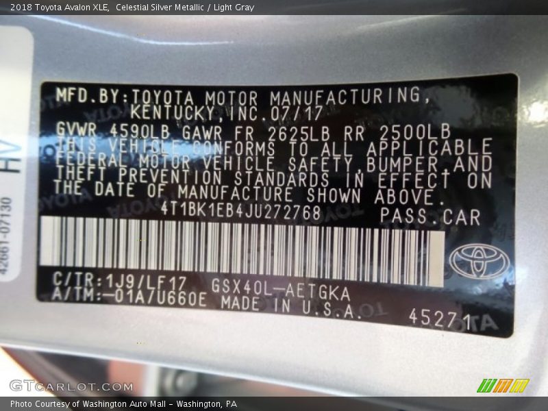 Celestial Silver Metallic / Light Gray 2018 Toyota Avalon XLE