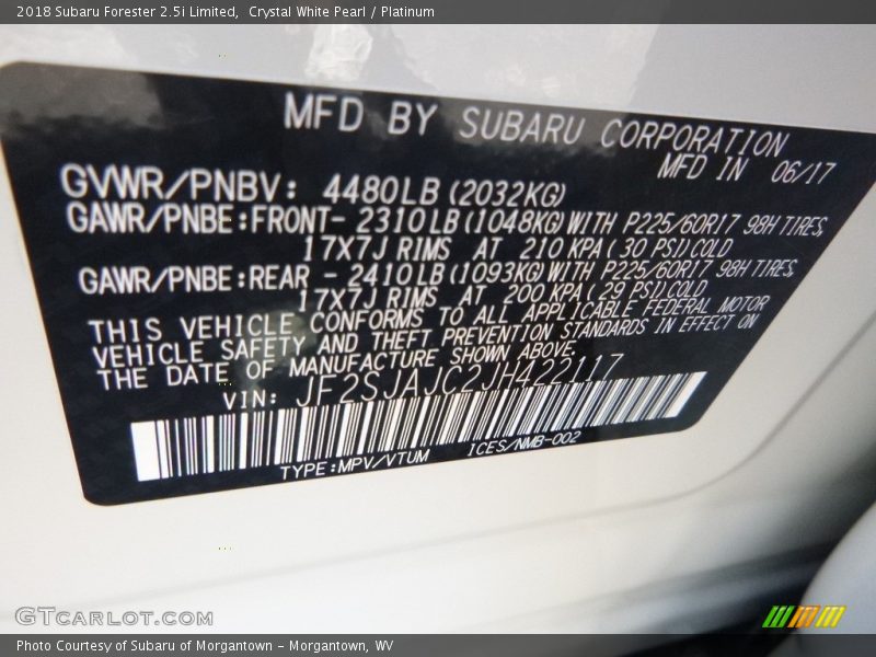 Crystal White Pearl / Platinum 2018 Subaru Forester 2.5i Limited