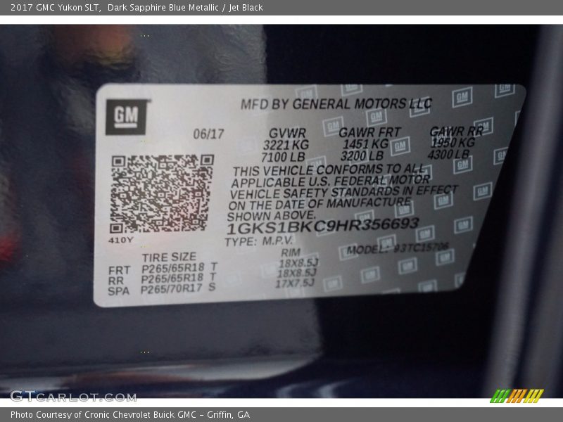 Dark Sapphire Blue Metallic / Jet Black 2017 GMC Yukon SLT