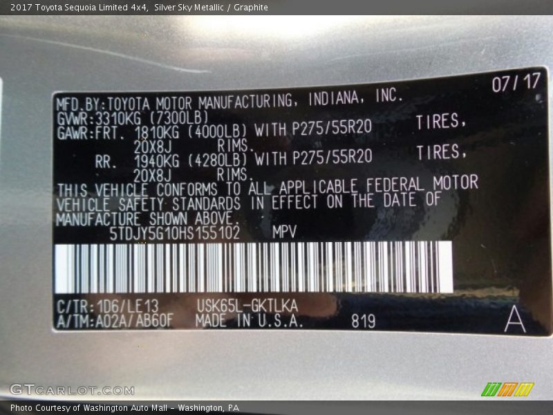 Silver Sky Metallic / Graphite 2017 Toyota Sequoia Limited 4x4