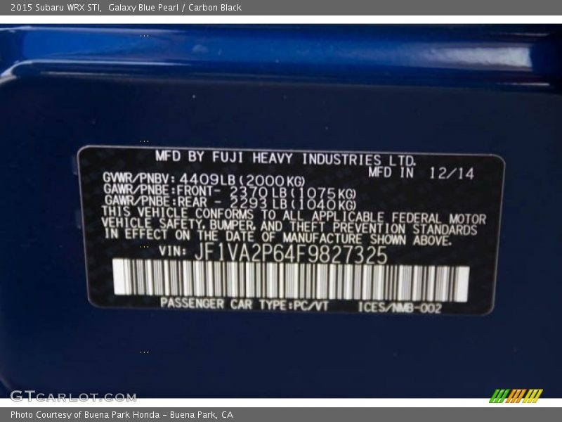 Galaxy Blue Pearl / Carbon Black 2015 Subaru WRX STI