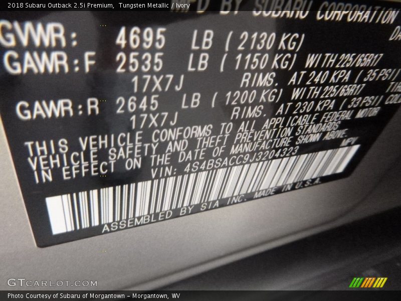 Tungsten Metallic / Ivory 2018 Subaru Outback 2.5i Premium