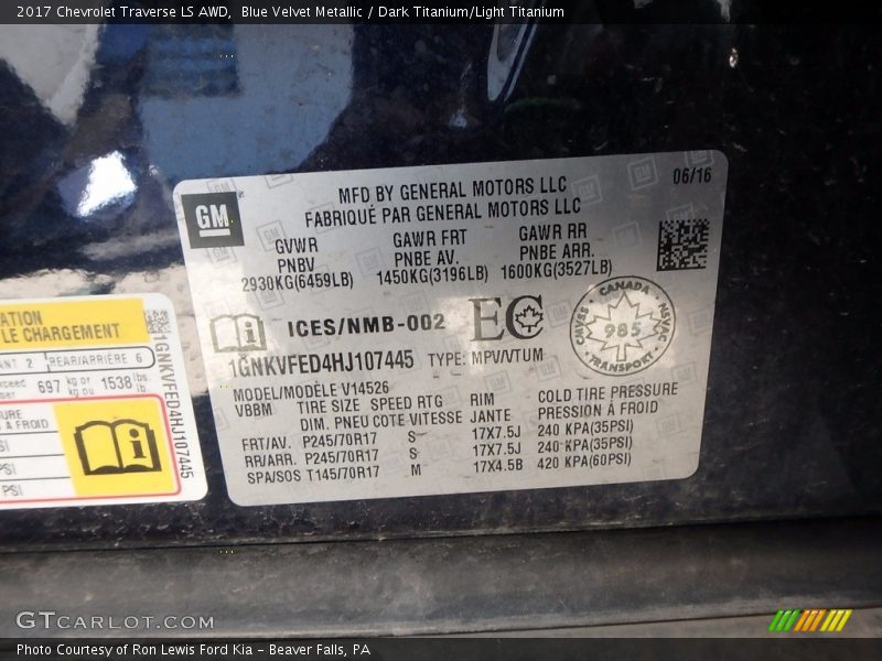 Blue Velvet Metallic / Dark Titanium/Light Titanium 2017 Chevrolet Traverse LS AWD