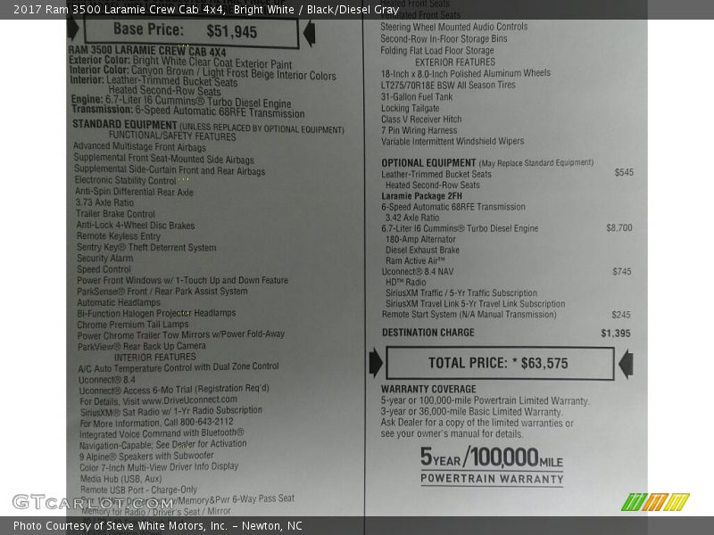 Bright White / Black/Diesel Gray 2017 Ram 3500 Laramie Crew Cab 4x4