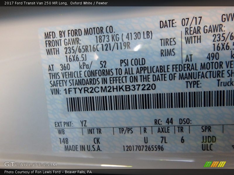 Oxford White / Pewter 2017 Ford Transit Van 250 MR Long