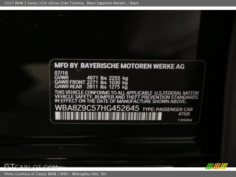 Black Sapphire Metallic / Black 2017 BMW 3 Series 330i xDrive Gran Turismo