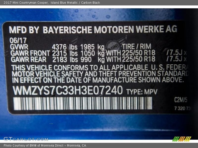Island Blue Metallic / Carbon Black 2017 Mini Countryman Cooper